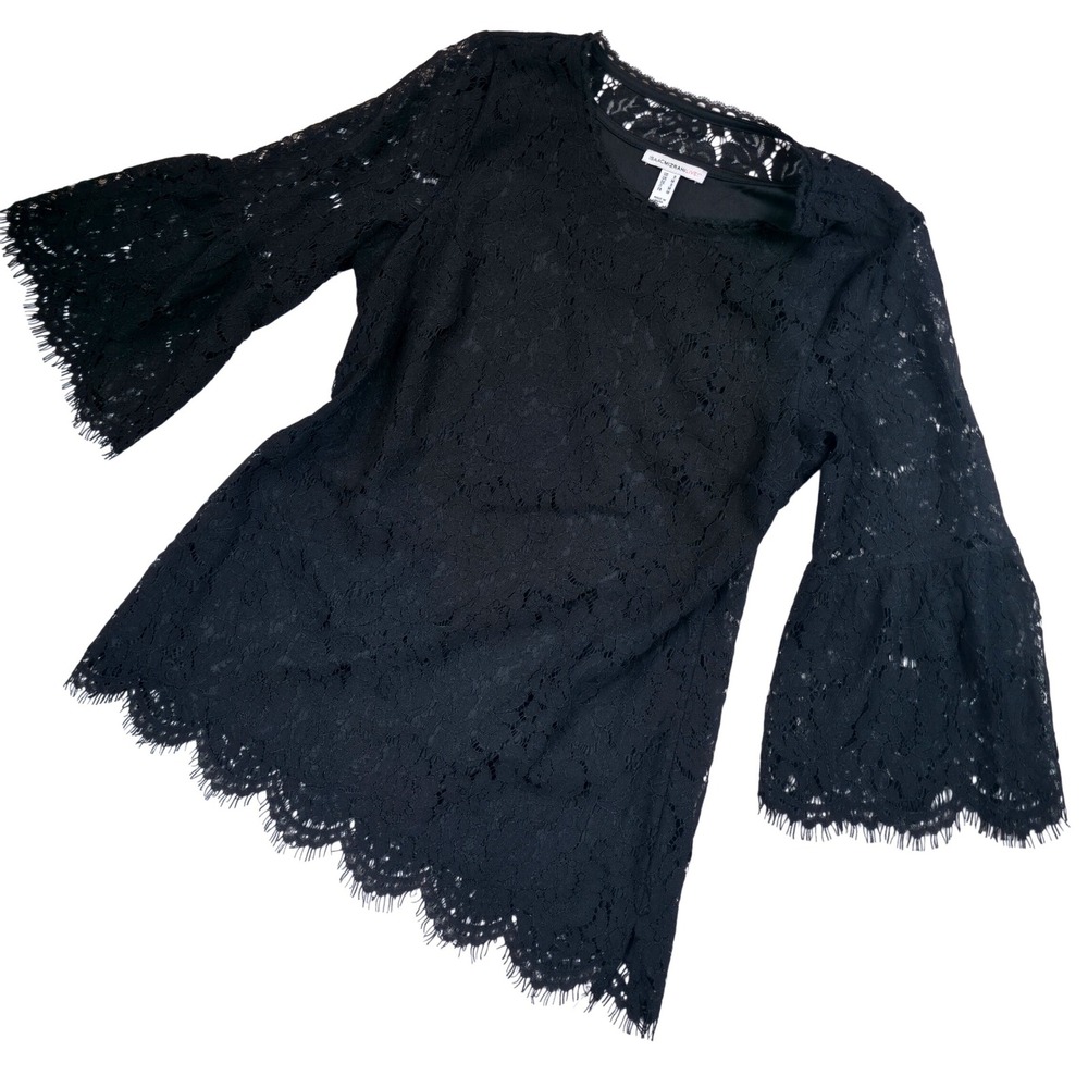 Isaac Mizrahi Live Black Floral Lace Bell Sleeve Blouse Top Scalloped Hem Small